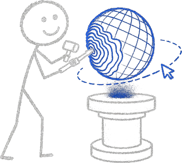 Chalk stick figure chiseling a floating blue wireframe sphere on a pedestal, its rippling surface circled by a small orbiting cursor arrow.