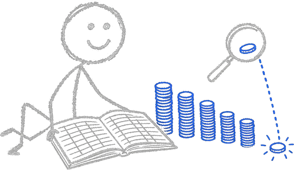 Chalk stick figure at an open ledger as coins sort into neat blue columns and a magnifier flags one unusual transaction