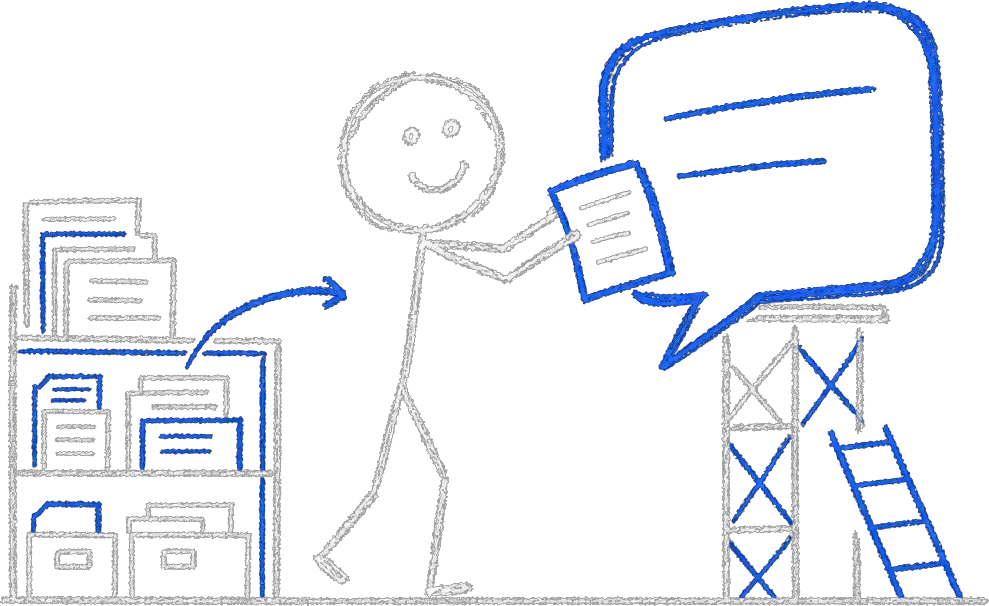 Chalk stick figure feeding documents from a knowledge-base shelf into a large blue chat speech-bubble screen.