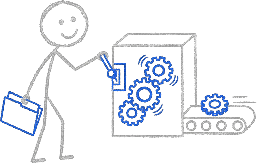 Chalk stick figure switching on a running machine of connected blue gears while setting a closed folder aside