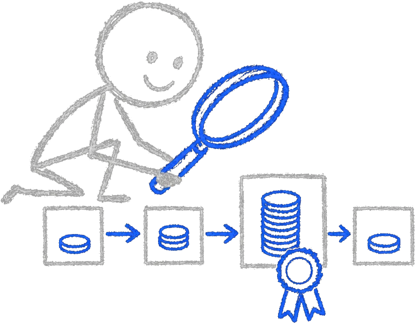 Chalk stick figure using a blue magnifying glass to inspect workflow boxes and marking the most valuable one with a blue ribbon