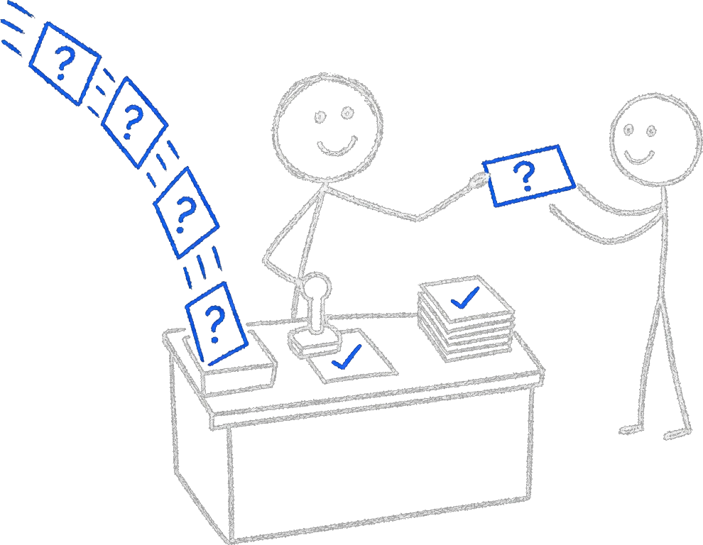 Chalk stick figure at a help desk resolving routine question tickets with blue checkmarks and handing a hard one to a human.
