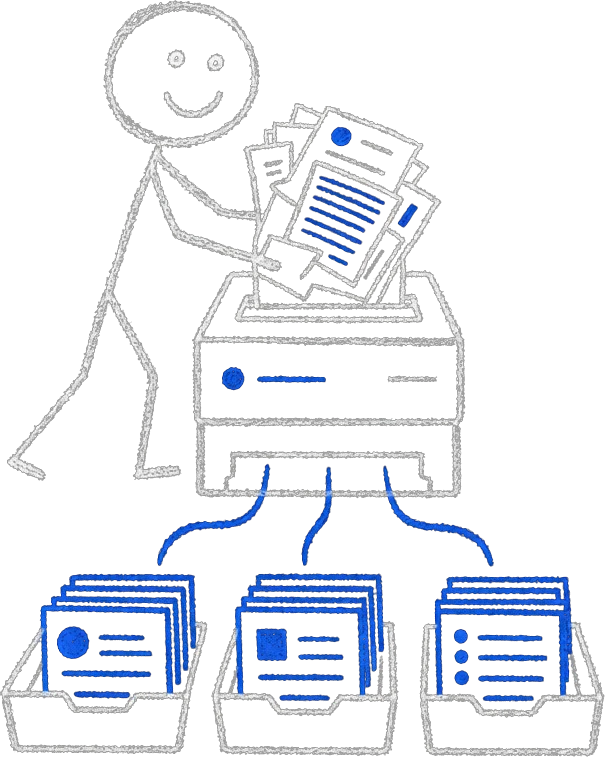 Chalk stick figure feeding mixed documents into a scanner that outputs sorted blue data cards into three trays