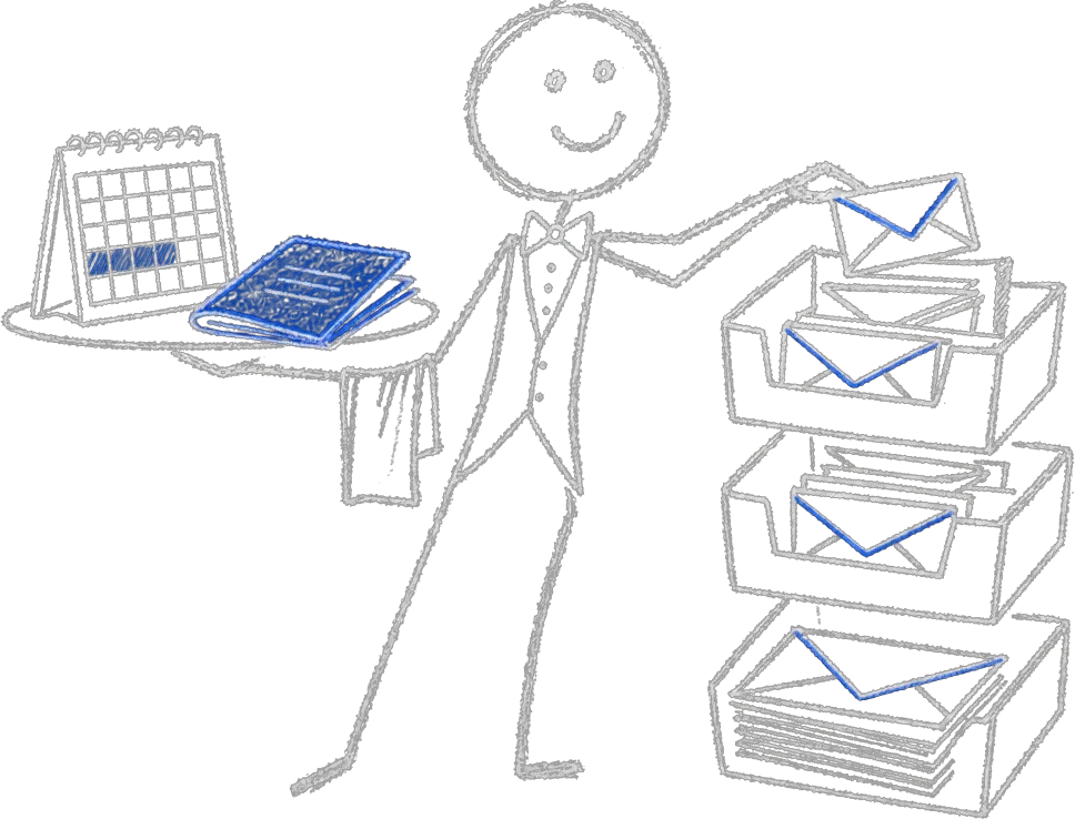 Chalk stick figure as a butler sorting envelopes into priority trays while holding a calendar and a blue daily briefing.