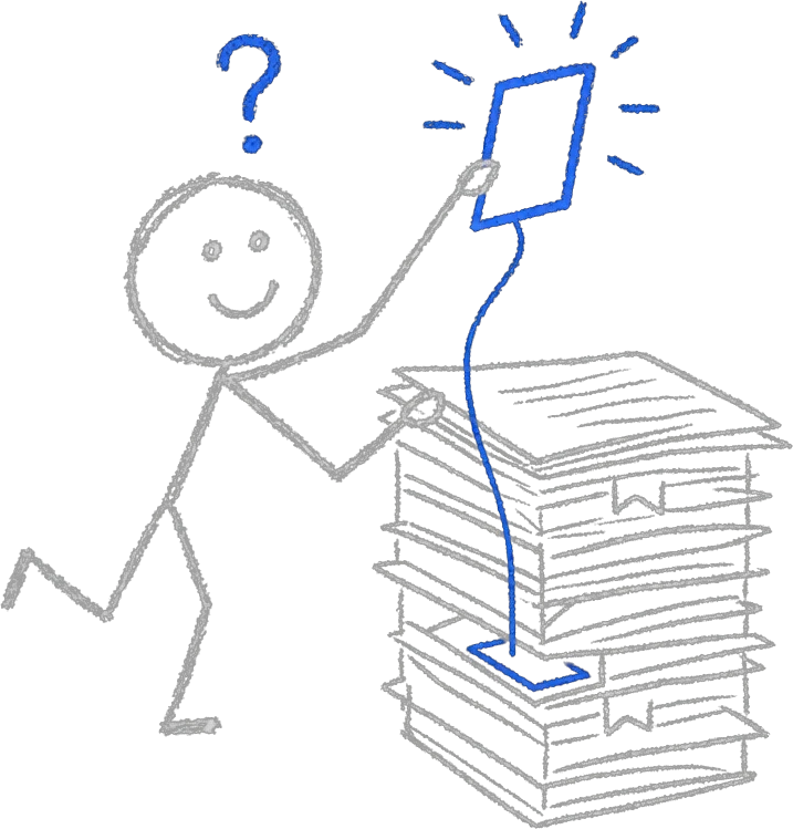 Chalk stick figure drawing one glowing blue answer card out of a stack of documents, with a line tracing it back to its source page