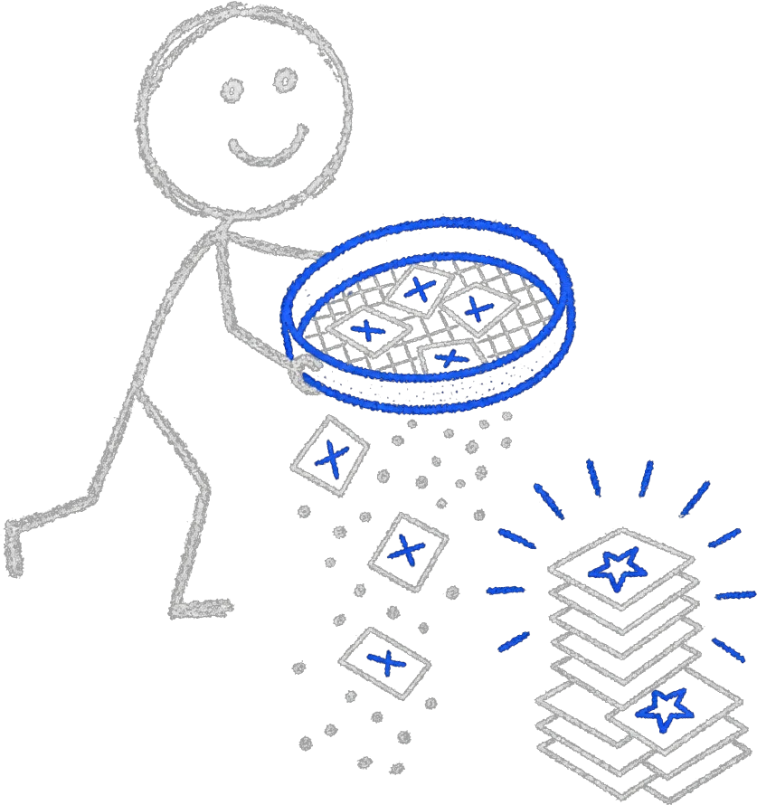 Chalk stick figure sifting company cards through a blue sieve, keeping star-marked high-fit leads in a ranked stack