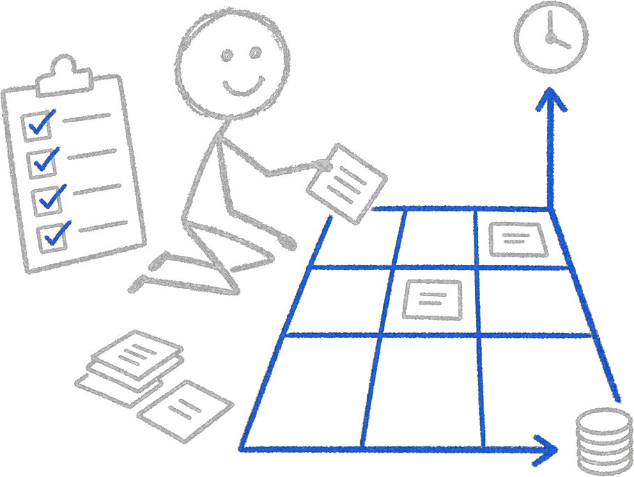 Chalk stick figure sorting workflow tiles onto a blue grid ranked by a clock and a stack of coins, holding a checklist clipboard