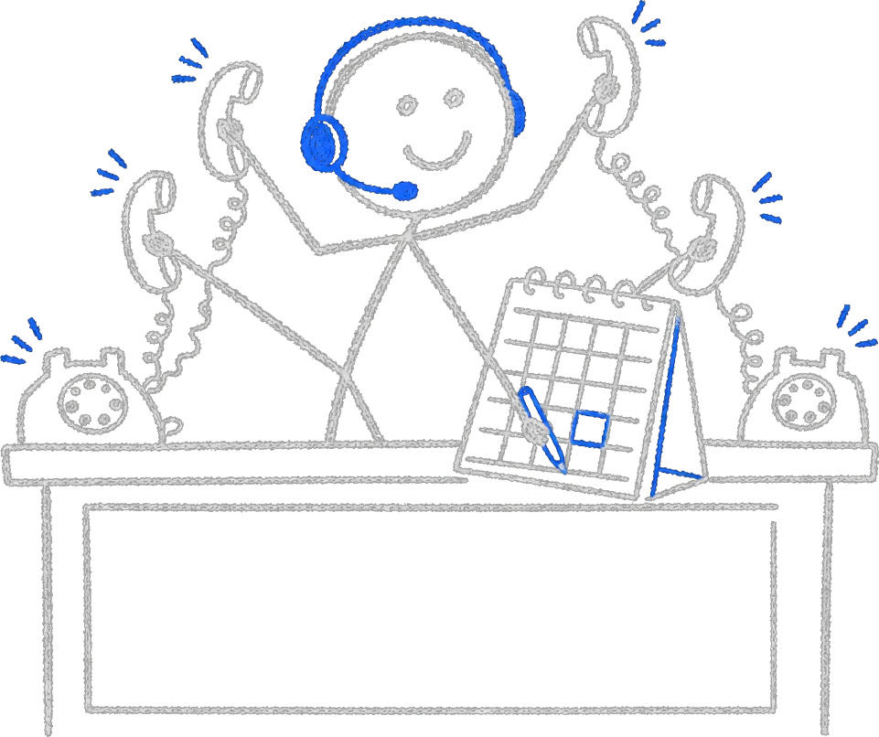 Chalk stick figure in a blue headset at a front desk answering multiple ringing phones and booking an appointment on a calendar.
