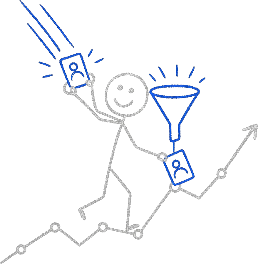 Chalk stick figure catching an incoming lead card, sorting it through a blue qualification funnel, and pinning it to a rising sales chart.
