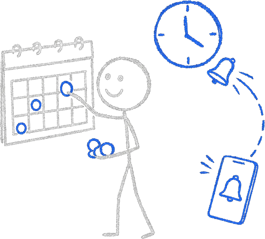 Chalk stick figure filling a wall calendar with appointment chips as a blue clock sends a reminder bell toward a phone