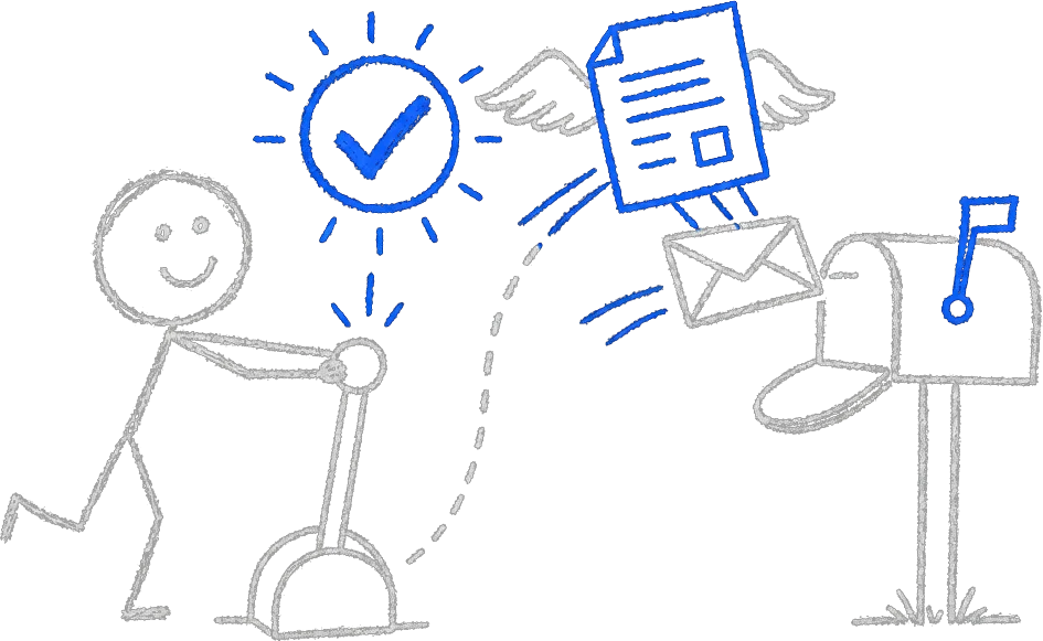 Chalk stick figure pulling a lever as a job-done checkmark launches a stamped blue invoice in a winged envelope toward a mailbox