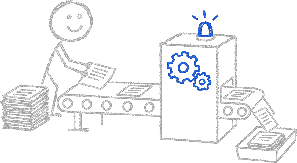 Chalk stick figure loading repetitive paperwork onto a conveyor belt running through a blue-geared machine that outputs finished work