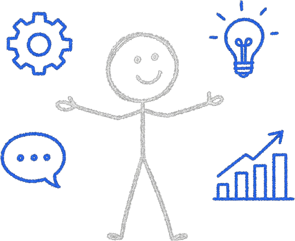 Chalk stick figure with arms open, surrounded by blue tool doodles: a gear, a lightbulb, a chat bubble, a chart