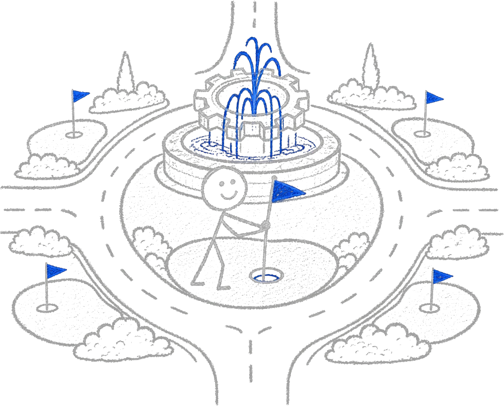 Stick figure in a Main Street roundabout surrounded by golf greens, planting a blue flag in a putting cup beside a gear-shaped fountain.