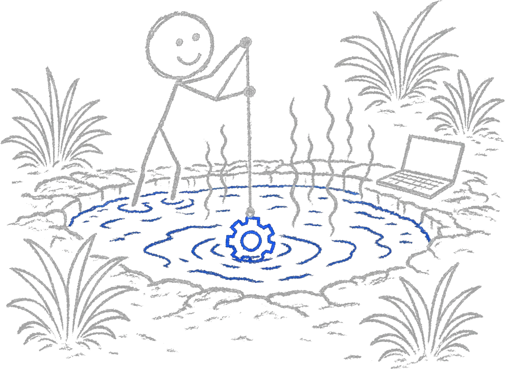 Stick figure at the rim of a round mineral spring among scrub palms, lowering a blue gear on a rope into the water beside an open laptop.