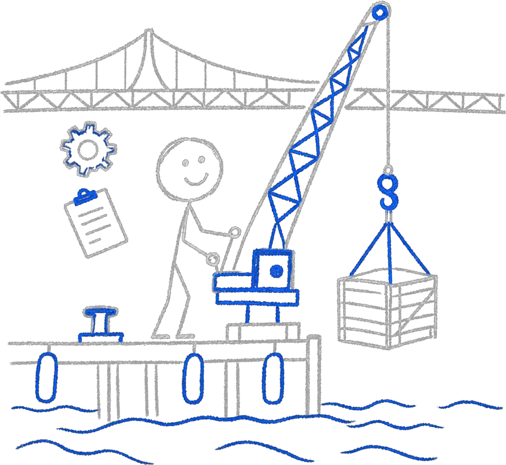 Stick figure on a marina dock beneath a long river bridge, working a blue crane lifting a shipping crate near a floating gear and clipboard.