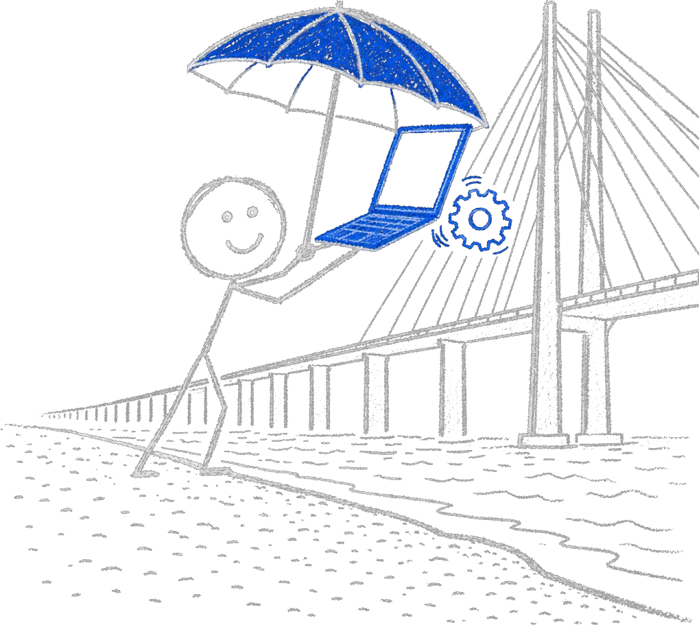 Stick figure on a Sarasota bayfront beach beside an arched causeway bridge, holding a blue umbrella shaped like a laptop with a small gear nearby.