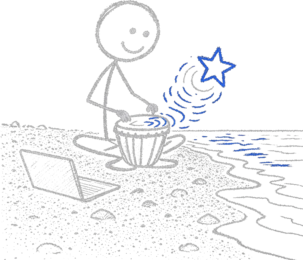 Stick figure sitting on bright white beach sand by clear water, tapping a drum whose ripples form a blue star, with a small laptop nearby.