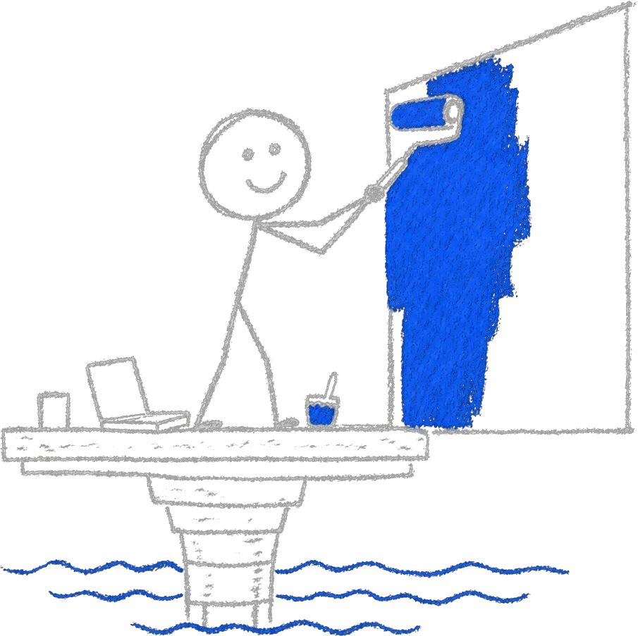 Stick figure on a waterfront pier next to an inverted-pyramid building, rolling blue paint onto a mural wall beside a laptop and brush.