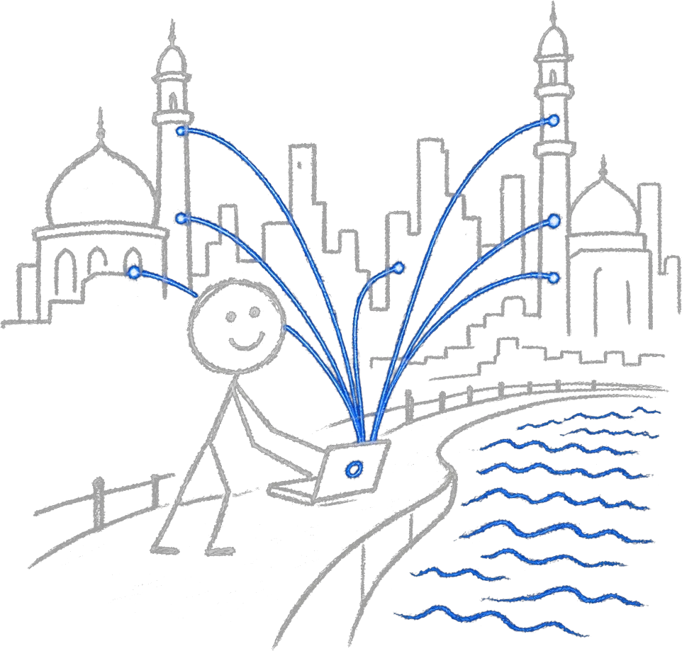 Stick figure on a riverwalk beneath domed minaret towers and city towers, linking them with blue data lines that run to a small laptop.