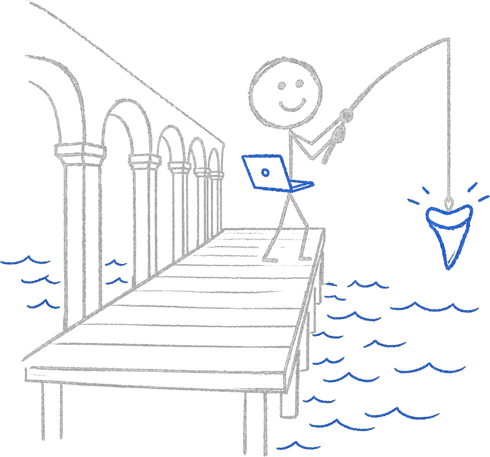 Stick figure on a fishing pier framed by Mediterranean arches, holding a small blue laptop and reeling up a shark tooth on a line.