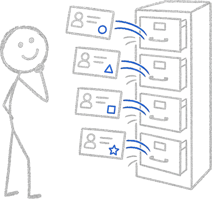 Chalk stick figure watching contact cards file themselves into a self-opening cabinet, each tagged with a blue deal-stage marker