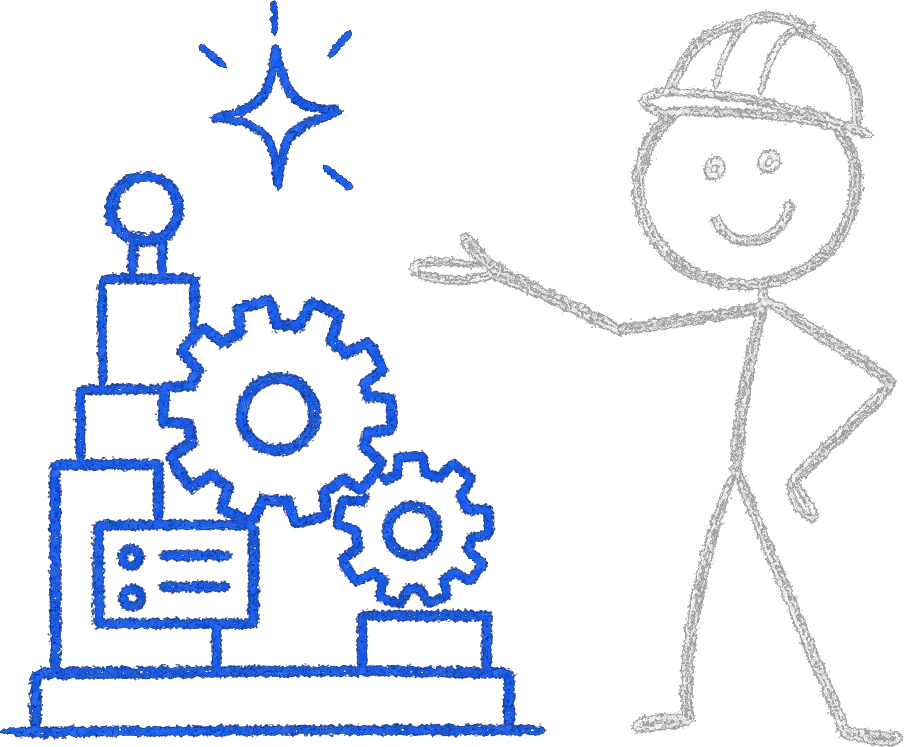 Chalk stick figure in a hard hat presenting a little machine of blue gears it just built