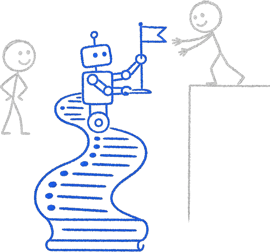 Chalk stick figure approving a flagged action from a blue robot that leaves an audit-log trail as it works on its own.