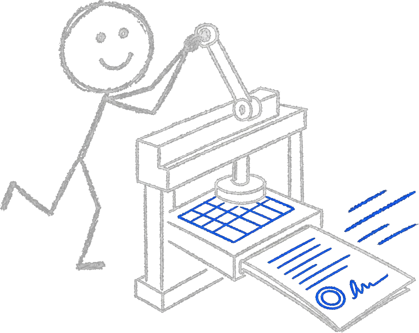 Chalk stick figure working a press that stamps a blue template onto a blank sheet and outputs a finished contract