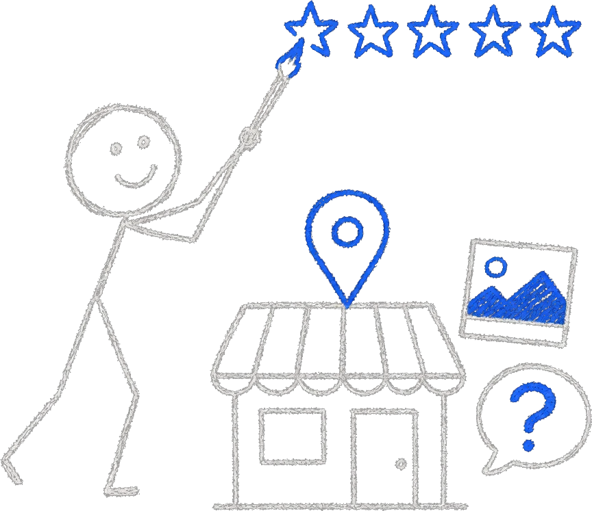 Chalk stick figure painting a row of blue stars above a tiny storefront topped with a map pin, with a photo and a question bubble nearby