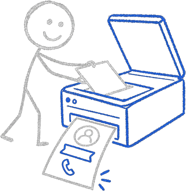 Chalk stick figure feeding a blank contact card into a blue scanner that returns it filled with company, title, phone, and intent icons