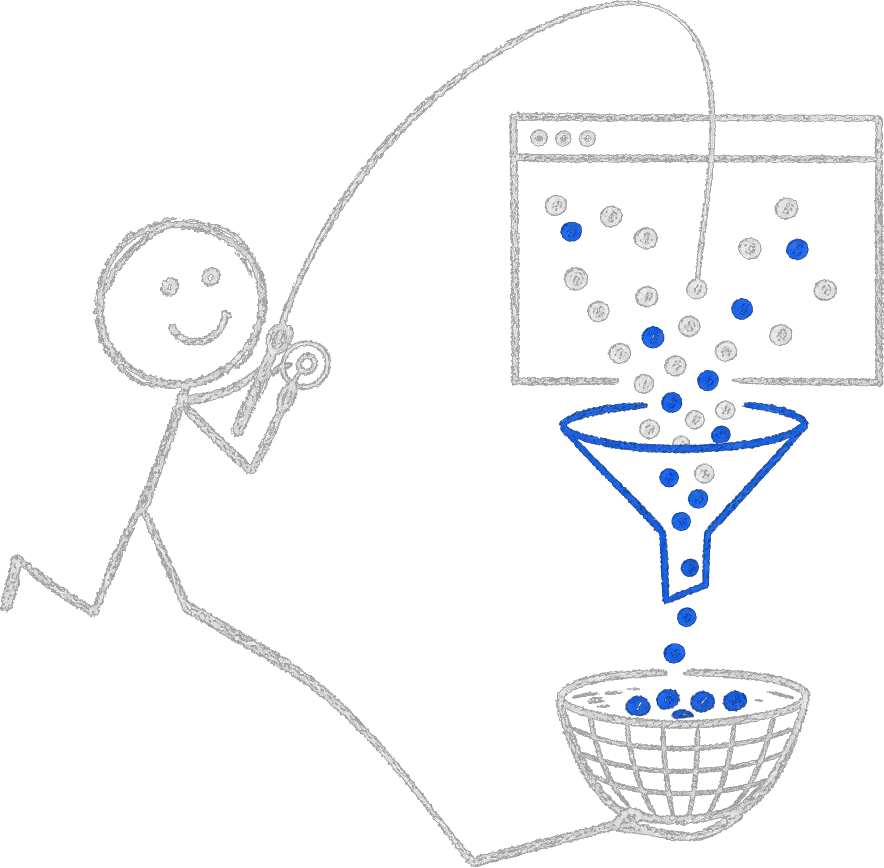 Chalk stick figure fishing into a browser window, reeling visitor dots through a blue funnel so only qualified ones drop into a basket.