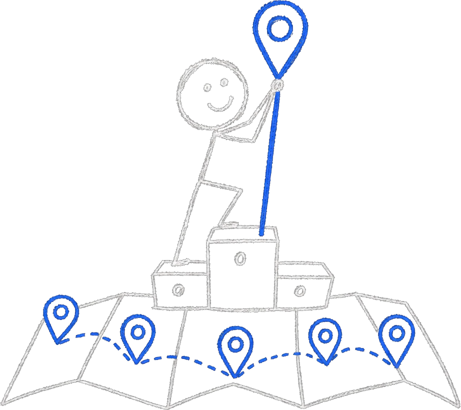 Chalk stick figure planting a tall blue map pin atop a small three-spot podium with a trail of pins across a folded map