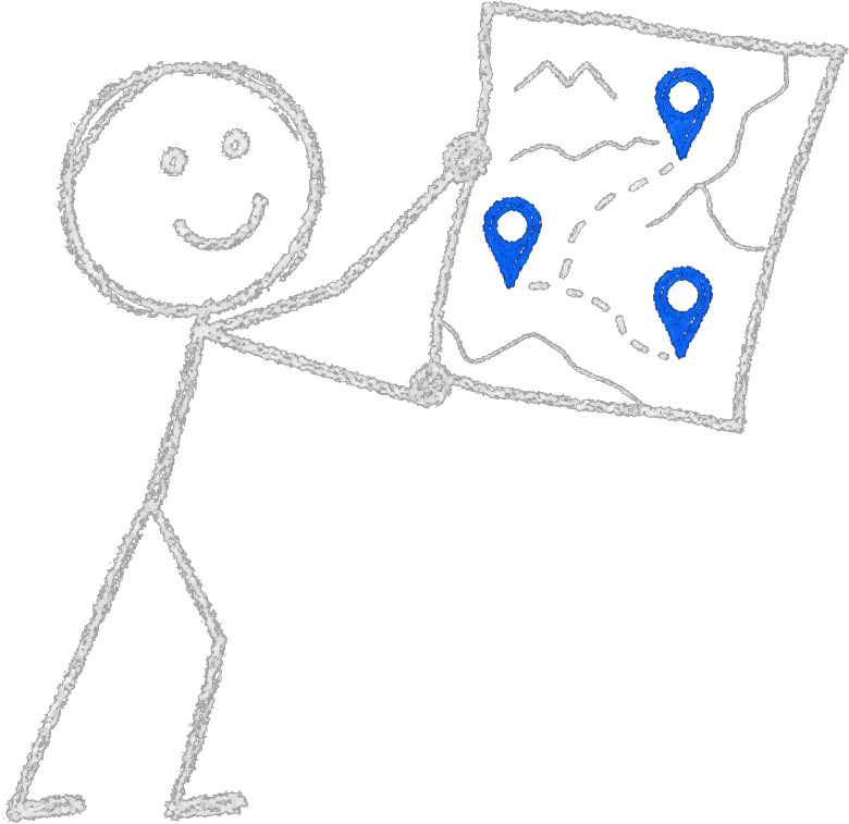Chalk stick figure holding up a hand-drawn map with three blue location pins