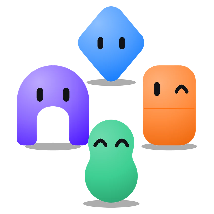 Four MeshD bots in a huddle: a purple arch, a blue diamond, a green peanut and an orange domino, with pill-shaped and smiling eyes