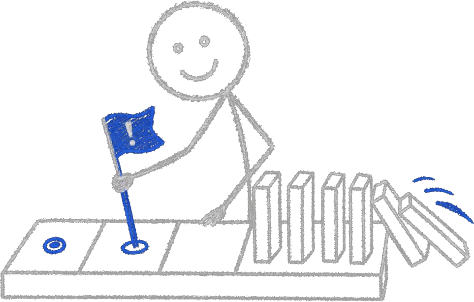 Chalk stick figure at a control board catching a small blue warning flag on one tile before a line of dominoes topples