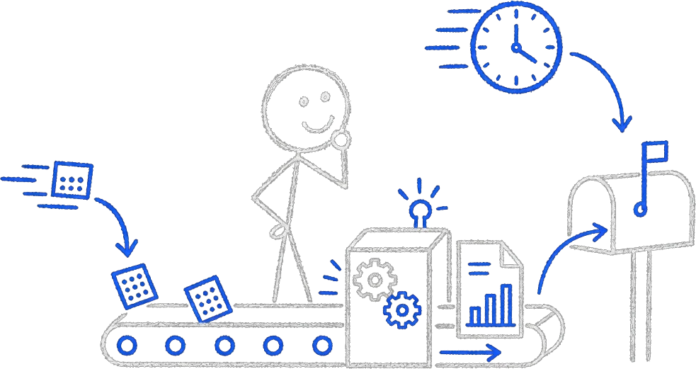 Chalk stick figure watching a report assemble on a conveyor from data tiles into a finished bar chart that a blue clock sends into a mailbox