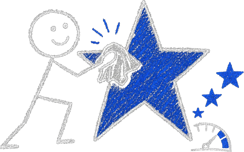 Chalk stick figure polishing a giant blue five-pointed star with a cloth as smaller stars rise on an upward gauge