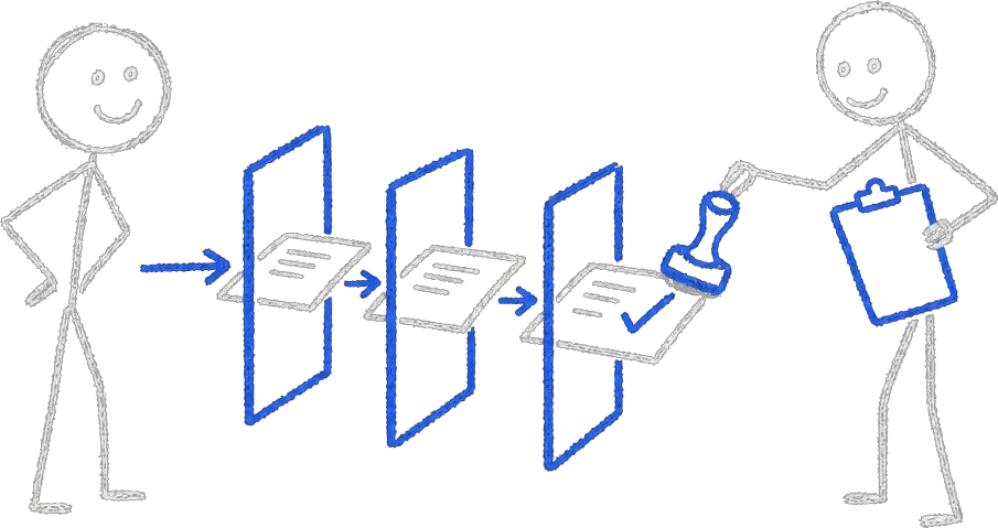 Chalk illustration of a stick figure watching its work pass through three test gates while a separate inspector grades the result with a blue checkmark
