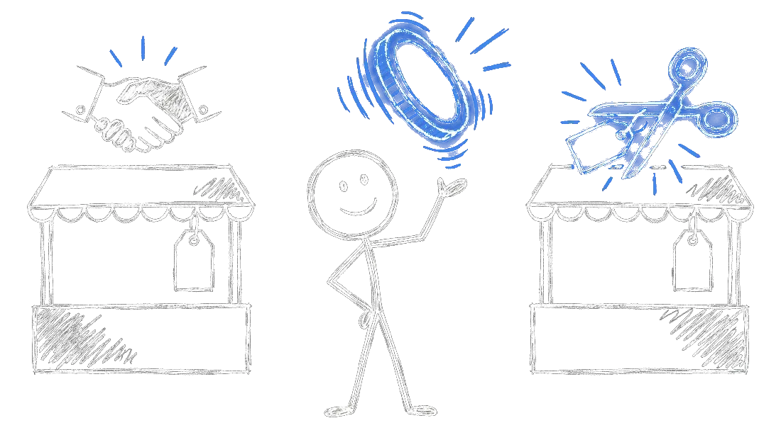 Chalk illustration of a stick figure between two market stalls tossing a coin to decide whether the price truce continues, a handshake over one stall and scissors snipping a price tag over the other