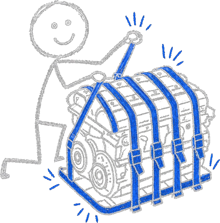 Chalk illustration of a stick figure tightening five blue straps of a harness around a glowing engine, representing the five layers wrapped around an AI model