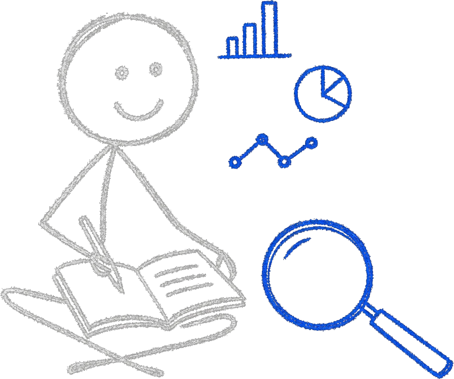 Chalk stick figure writing in a notebook with a blue magnifying glass and floating data marks