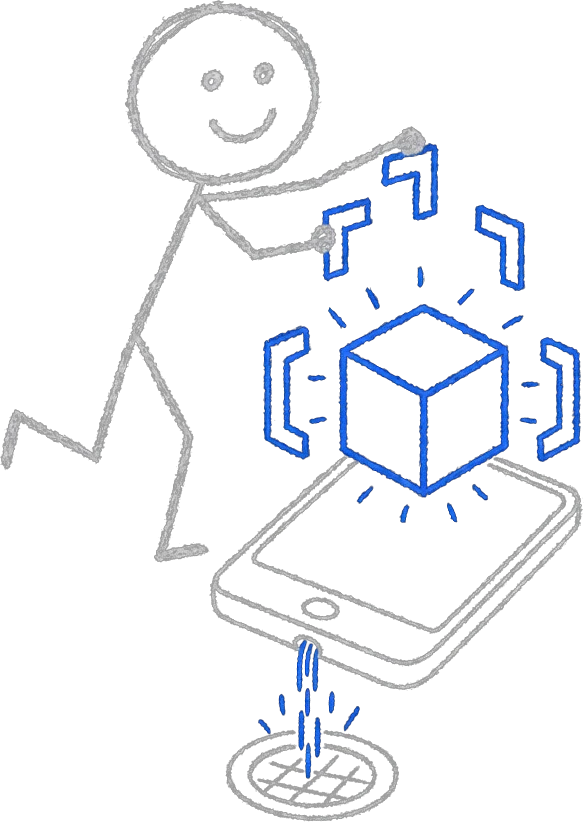 Chalk illustration of a stick figure assembling nested component brackets into a glowing blue wireframe cube on a phone screen, with a clean drain at the base