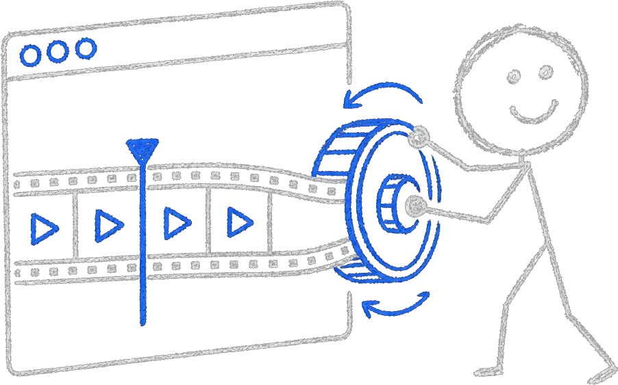 Chalk illustration of a stick figure turning a large blue scroll wheel that pulls a strip of film frames through a browser window, controlling the animation playhead