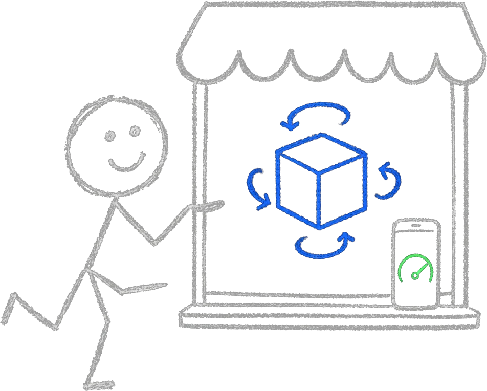 Chalk illustration of a stick figure presenting a rotating blue 3D product cube in a storefront window, with a nearby phone showing a steady frame rate