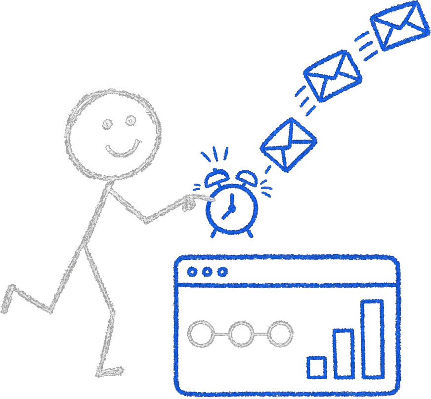 Chalk stick figure with an alarm clock sending three follow-up envelopes past a dashboard of rising blue bars