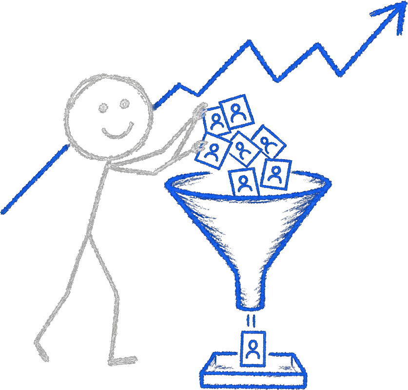 Chalk stick figure dropping prospect cards into a tall blue funnel that outputs one qualified customer card, a rising blue sales chart behind