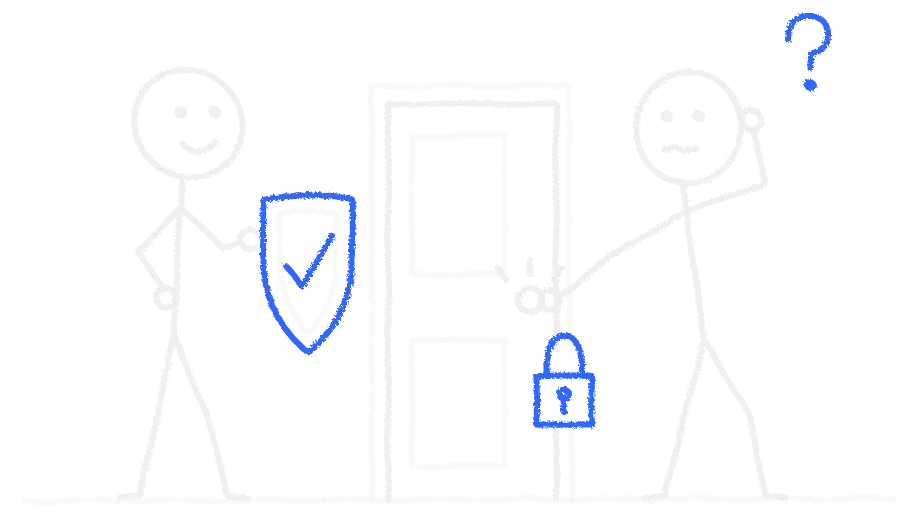 Chalk stick figure with a blue shield beside a locked door, while a second figure tries the handle