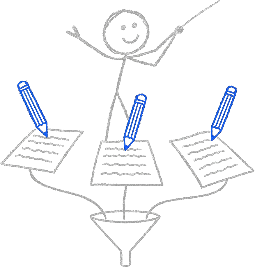Chalk stick figure conducting while three floating blue pencils write on pages that feed into a single funnel