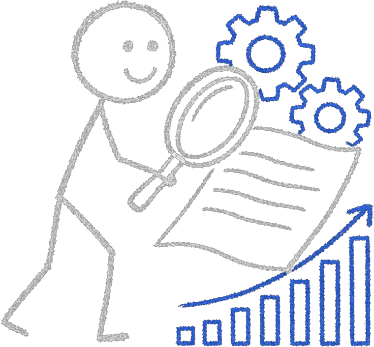 Chalk stick figure holding a magnifying glass over a page with blue gears turning behind it and a small rising bar chart